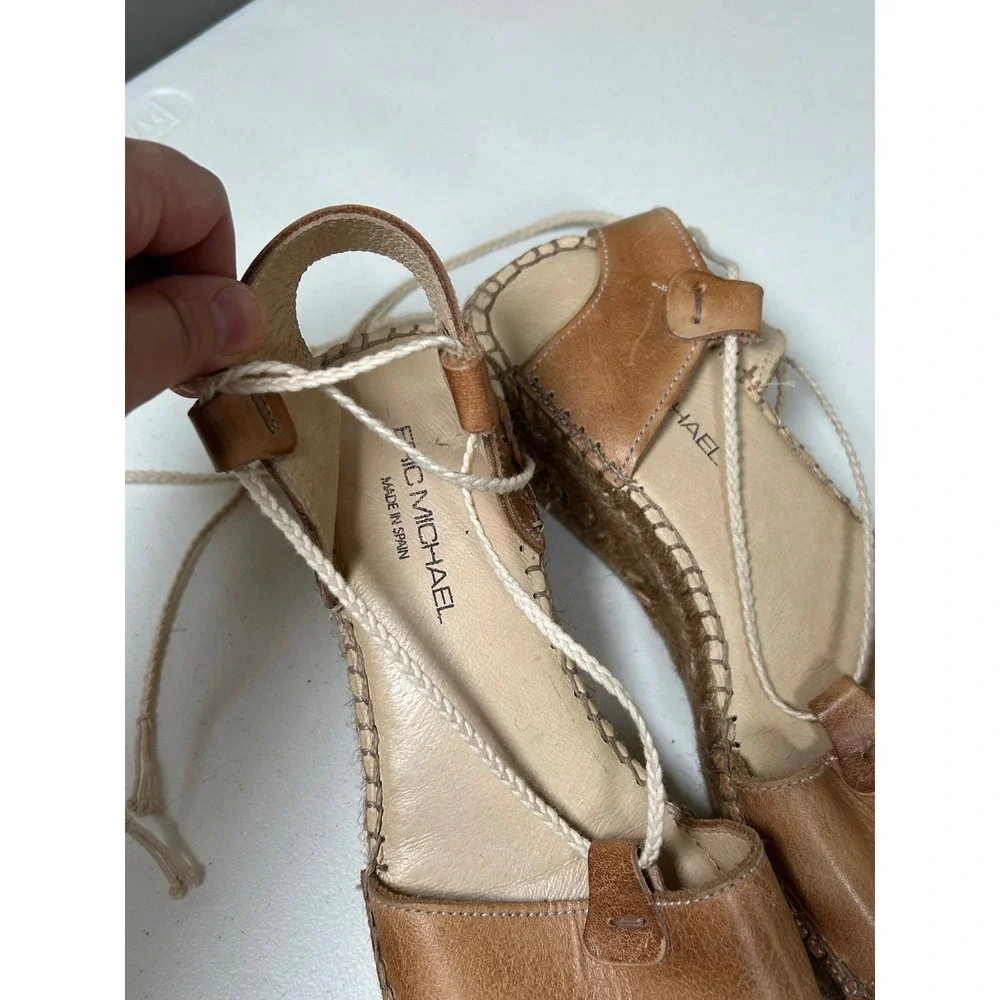 Eric Michael Espadrille Wedge Sandals Women's 40 9.5 Brown Leather Lace Up Spain